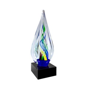 twist art glass sculpture, hand blown glass, blown glass sculpture, corporate glass award, achievement glass award, colorful glass sculpture
