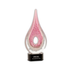 May include: A pink and clear glass award shaped like a teardrop, with a hole in the center. The award sits on a black base with the text "I.W.C.O.A. SPECIAL RECOGNITION AWARD."