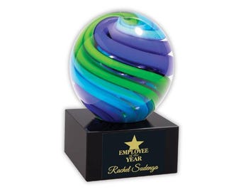 Globe Blue and Green Glass Sculpture Custom Engraved Award – Corporate Recognition Gift – Professional Achievement