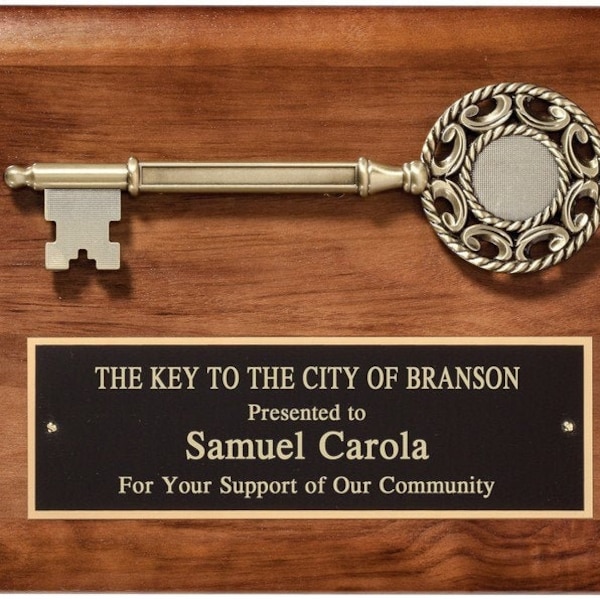 9x12 Key to the city plaque, Solid American Walnut plaque with black brass engraved plate,die cast key mount, Community support plaque
