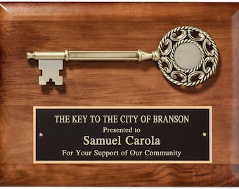 9x12 Key to the city plaque, Solid American Walnut plaque with black brass engraved plate,die cast key mount, Community support plaque