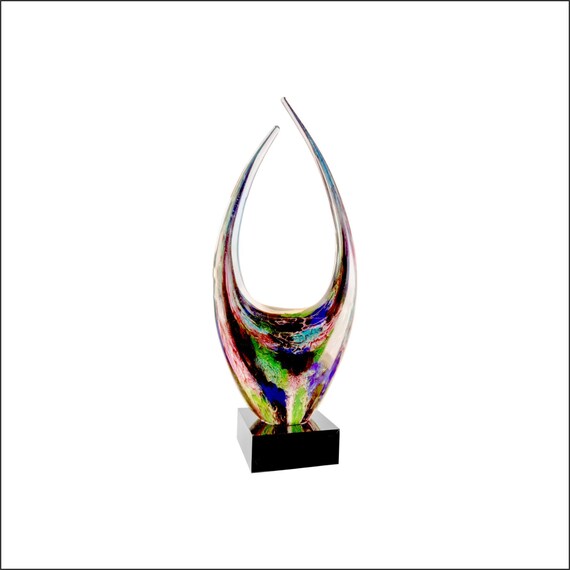 Glass Sculpture: Colorful Art Glass Award on Black Base