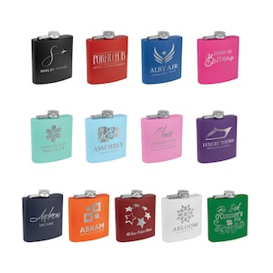 powder coated laser engraved flask, wedding gift, custom lasered flask, personalized flask, leatherette flask, laserable leatherette flask