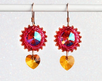 Wire Wrapped Austrian Crystal Rivoli Earrings, Rose Peach Shimmer