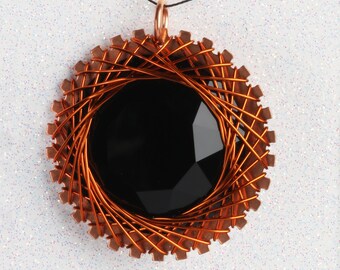 Wire Wrapped Austrian Crystal Rivoli Pendant, Jet Black