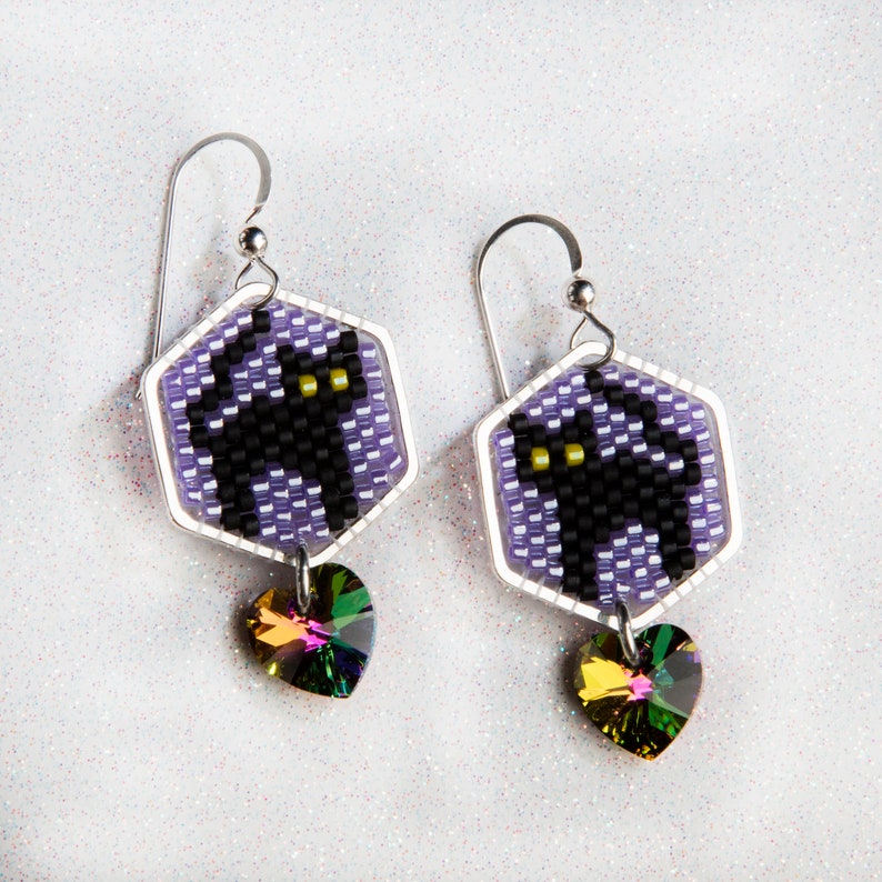 Black Cat wPurple Background Here Kitty Kitty Beaded Earrings