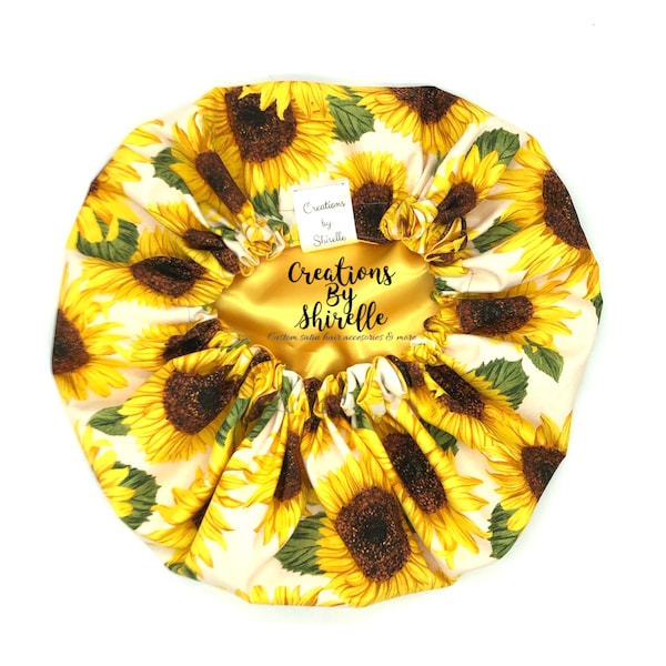 Sunflower Satin Bonnet | Sleep Cap | Golden Yellow & White | Available in adults and children| Satin Sleep Cap | Satin |  Sunflowers