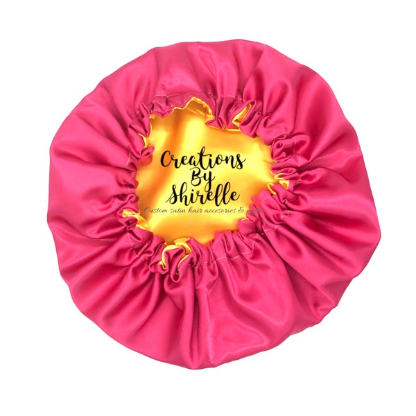 Hot Pink & Yellow Satin Bonnet | Reversible | Pink Lemonade | Sleep Bonnet| Satin Sleep Cap | Satin