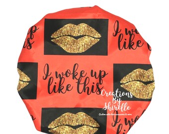 I Woke Up Like This Satin Bonnet | Custom design | Black and Red | Please Read Description for TAT| Satin Sleep Cap | Satin | Reversible