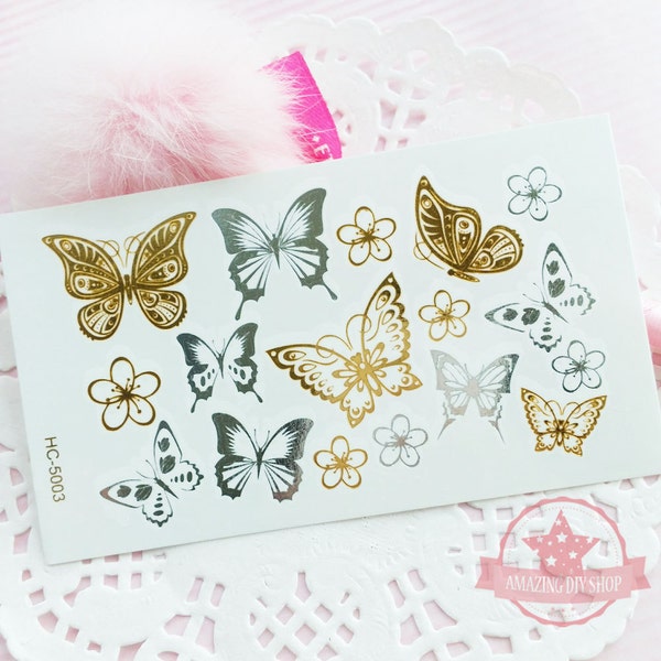 Butterfly Flowers 17 Tattoos Temporary Metallic Gold Silver   ~ HC-5003