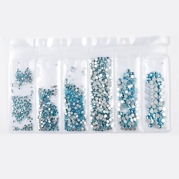 Aquamarin blau Strass flach zurück künstliche Edelsteine Runde Glas 6 gemischte Größe 1,5-4 mm Nail Art Phone stationäre Karte DIY Flatback Kleber Fix