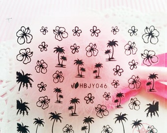 Black Tropical Flower Coconut palm Logo Self Adhesive Colorful Nail Art Stickers Transfer Decals  -  N3-09 x 2