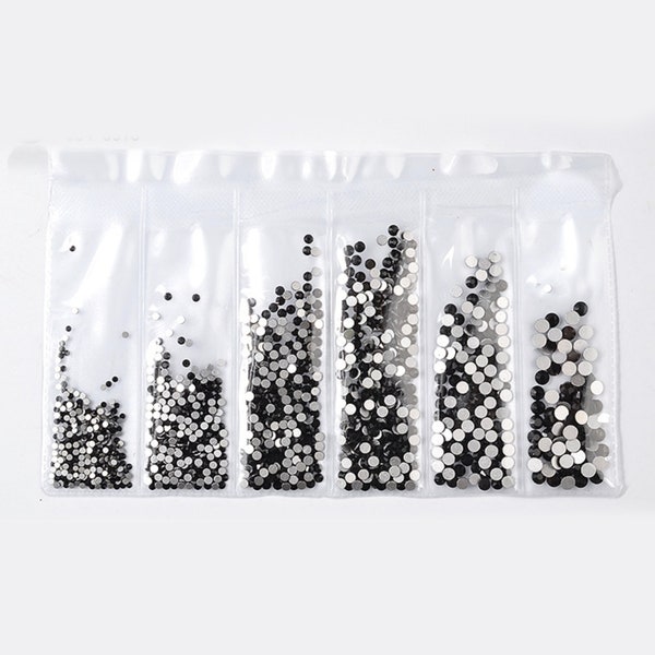 Jet schwarz Strass flach zurück künstliche Edelsteine Runde Glas 6 gemischte Größen 1,5-4 mm Nail Art Phone stationäre Karte DIY Flatback Kleber Fix