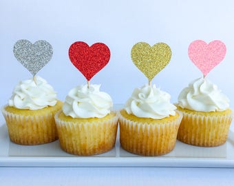 Heart cupcake toppers | Heart topper | Bridal shower cupcake toppers | Love cupcake toppers | Valentines Day topper | Glitter topper