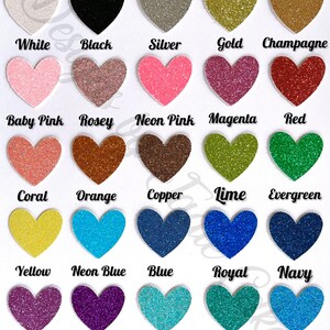 May include: A chart of 20 glitter heart shapes in various colors, including white, black, silver, gold, champagne, baby pink, rose, neon pink, magenta, red, coral, orange, copper, lime, evergreen, yellow, neon blue, blue, royal, navy, lavender, deep purple, aqua, teal, and ocean.
