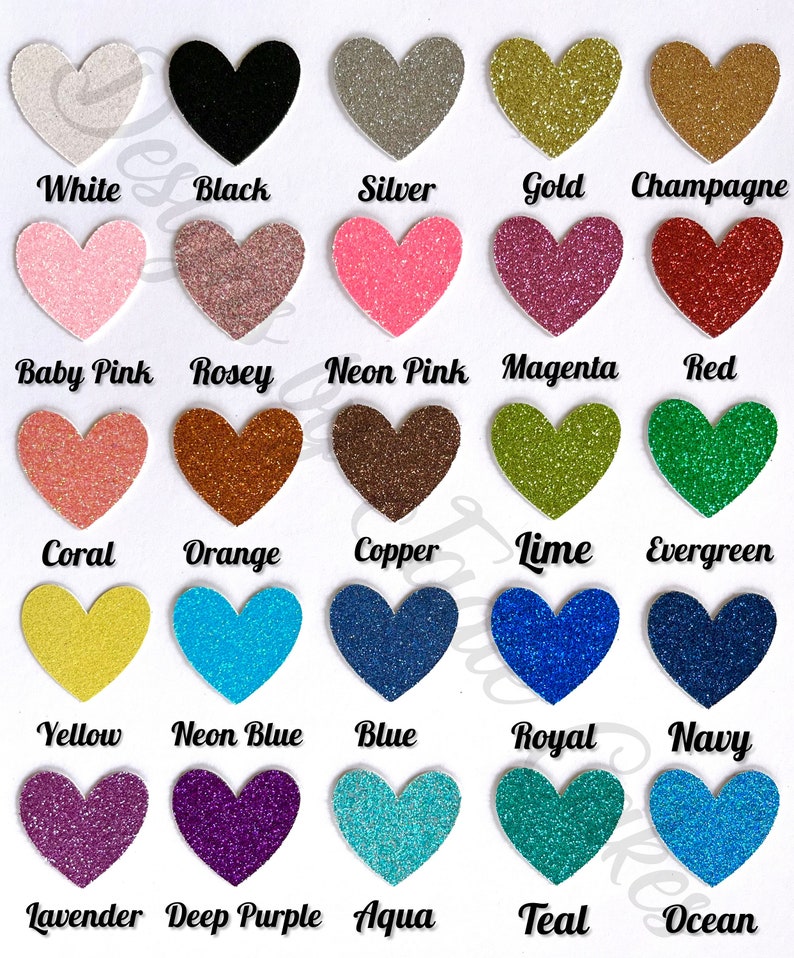 May include: A chart of 20 glitter heart shapes in various colors, including white, black, silver, gold, champagne, baby pink, rose, neon pink, magenta, red, coral, orange, copper, lime, evergreen, yellow, neon blue, blue, royal, navy, lavender, deep purple, aqua, teal, and ocean.