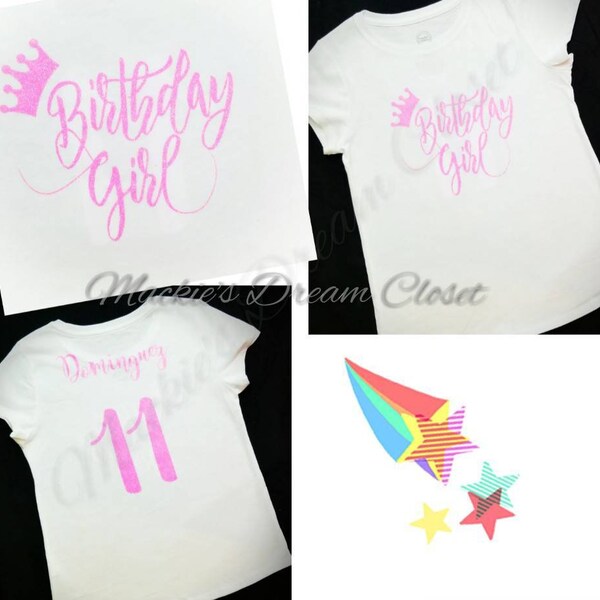 Baby girls toddlers personalized cursive shirt crown back and front name number glitter pink vinyl white cotton