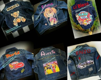 Personalized denim jean jacket baby toddler kids boy girl characters cartoons logos names customized cars lighting princesses picture