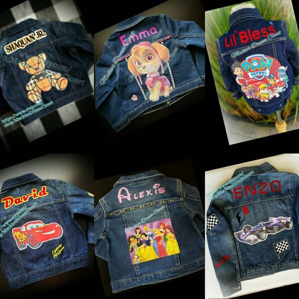 Personalized denim jean jacket baby toddler kids boy girl characters cartoons logos names customized cars lighting princesses picture