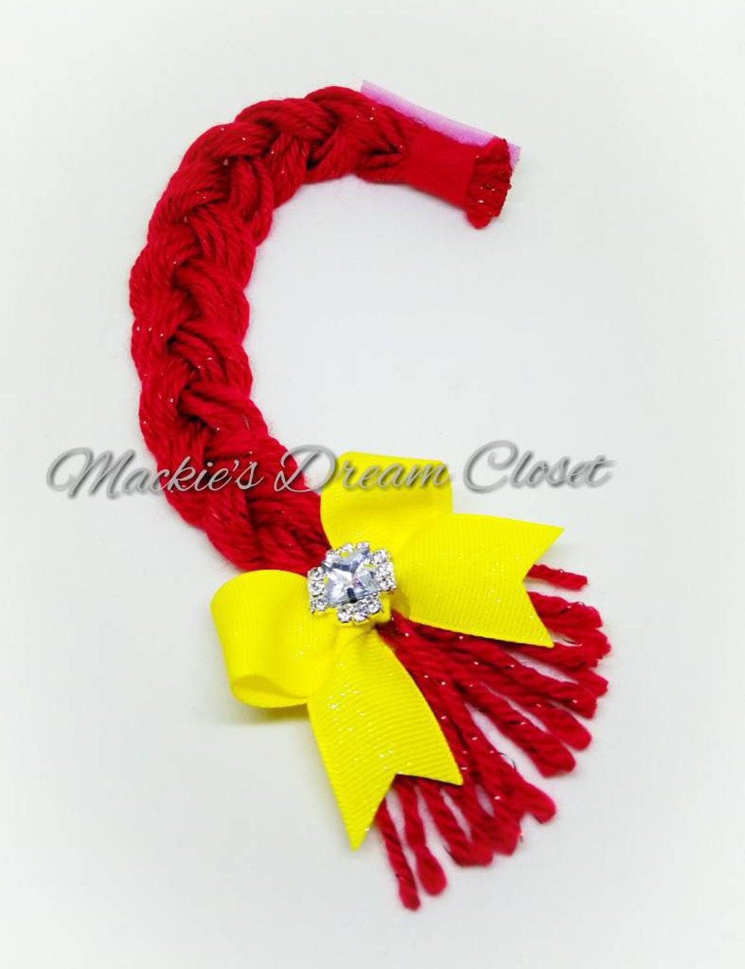 Red Hair Yarn Jessie Toy Story Braid Yellow Bow and Rhinestone Attach to Bow or Directly to Hair