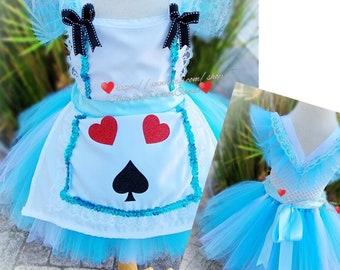 Alice in wonderland baby girl toddler tutu dress costume apron satin fabric blue and white tulle hearts spade lace ruffles bow handmade