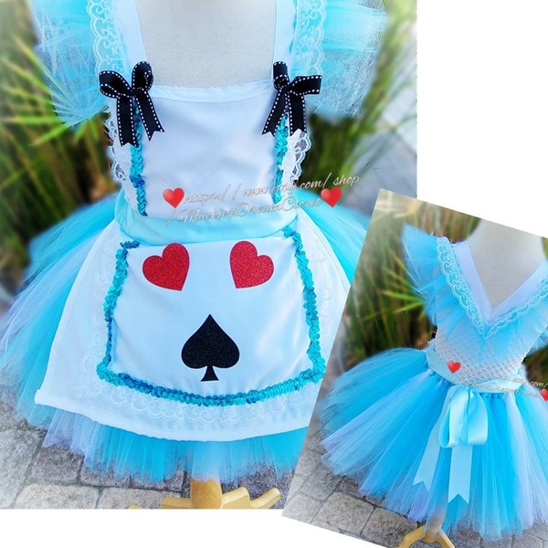 Alice in wonderland baby girl toddler tutu dress costume apron satin fabric blue and white tulle hearts spade lace ruffles bow handmade