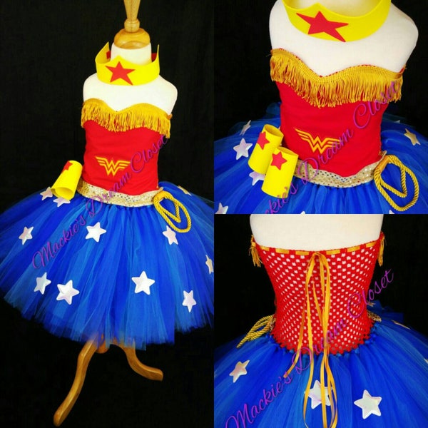 Baby girl toddler wonder woman tutu dress Halloween costume arm and headpiece set embroidery sleeveless red blue white stars newborn 1-10 y