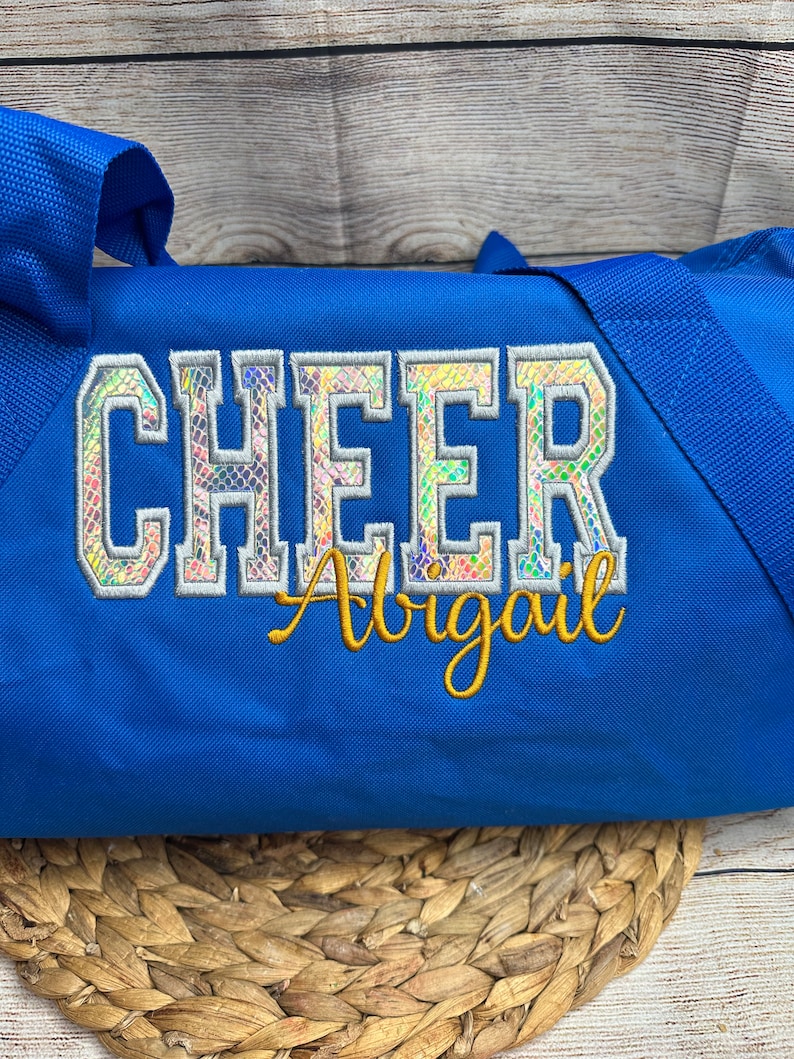 Personalized Cheer Duffel Bag with Silver Holographic Appliqué Overnight Sleepover Bag Cheerleader Duffel Custom Cheer Carryall Gift Royal