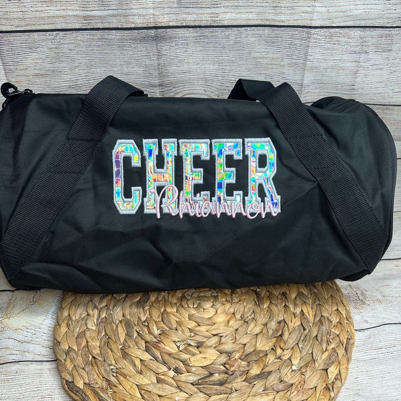Personalized Cheer Duffel Bag with Silver Holographic Appliqué Overnight Sleepover Bag Cheerleader Duffel Custom Cheer Carryall Gift Black