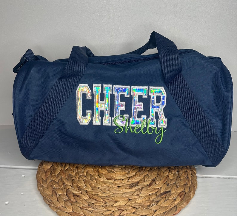 Personalized Cheer Duffel Bag with Silver Holographic Appliqué Overnight Sleepover Bag Cheerleader Duffel Custom Cheer Carryall Gift Navy