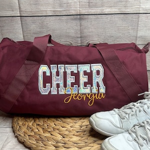 Personalized Cheer Duffel Bag with Silver Holographic Appliqué Overnight Sleepover Bag Cheerleader Duffel Custom Cheer Carryall Gift Maroon