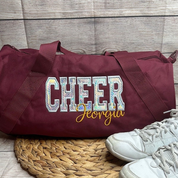 Personalized Cheer Duffel Bag with Silver Holographic Appliqué • Overnight Sleepover Bag • Cheerleader Duffel • Custom Cheer Carryall Gift