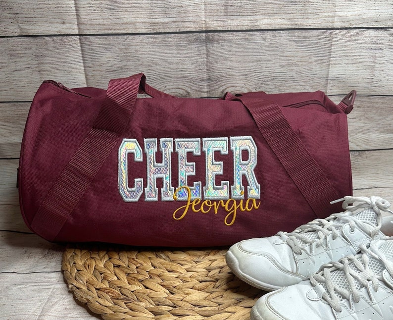 Personalized Cheer Duffel Bag with Silver Holographic Appliqué Overnight Sleepover Bag Cheerleader Duffel Custom Cheer Carryall Gift Maroon