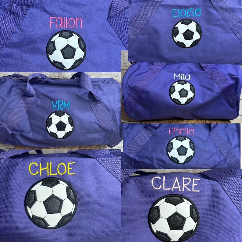 Purple duffel bag with two handles. The bag is embroidered with a name and appliquéd with a soccer ball centered on front of bag.
