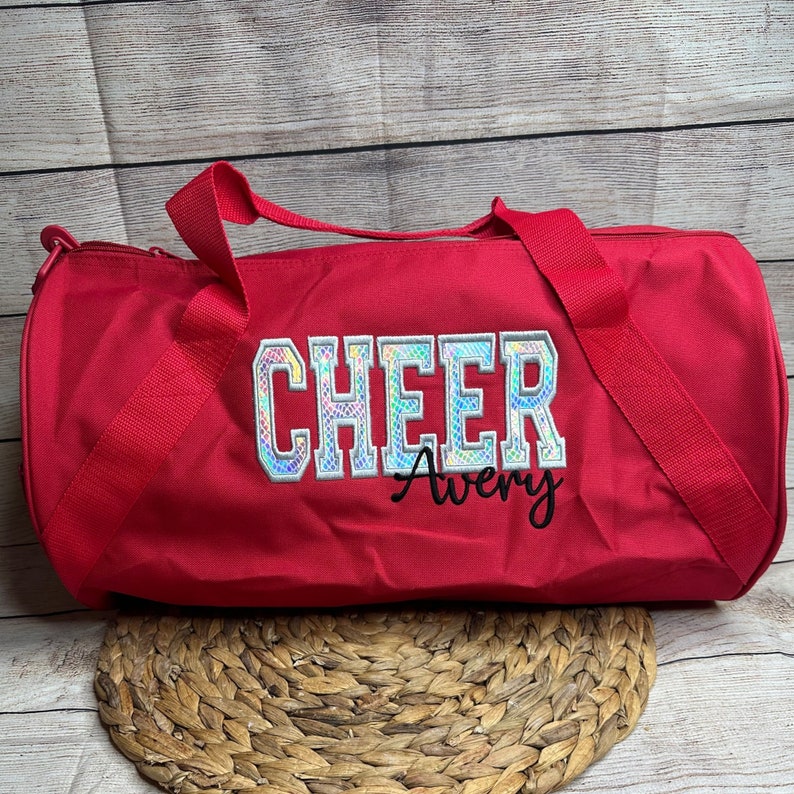 Personalized Cheer Duffel Bag with Silver Holographic Appliqué Overnight Sleepover Bag Cheerleader Duffel Custom Cheer Carryall Gift Red