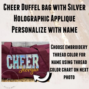 Personalized Cheer Duffel Bag with Silver Holographic Appliqué Overnight Sleepover Bag Cheerleader Duffel Custom Cheer Carryall Gift image 7