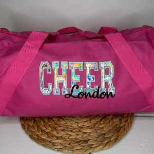 Personalized Cheer Duffel Bag with Silver Holographic Appliqué Overnight Sleepover Bag Cheerleader Duffel Custom Cheer Carryall Gift image 6