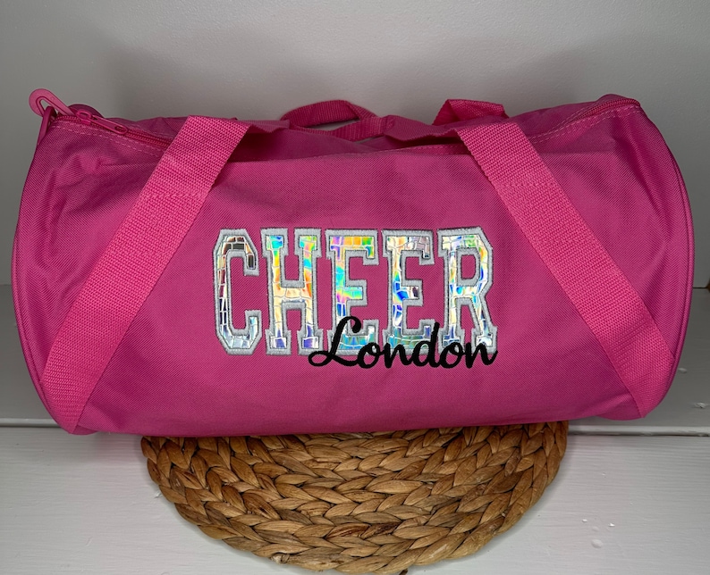 Personalized Cheer Duffel Bag with Silver Holographic Appliqué Overnight Sleepover Bag Cheerleader Duffel Custom Cheer Carryall Gift Hot Pink