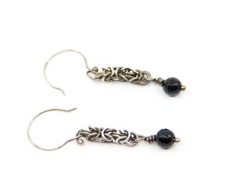 Silver and black chainmaille earrings, wire byzantine weave boho style patina drop earrings