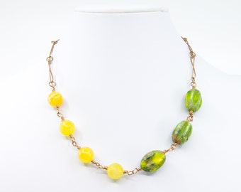 Yellow and green gemstone necklace , short bronze wire wrapped handmade chain necklace with  Jasper and Agate