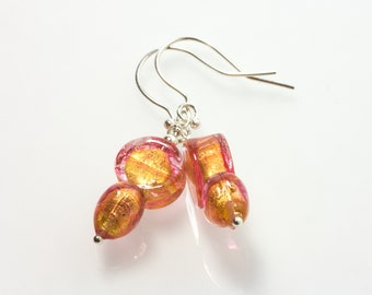 Venetian glass earrings , red and orange ,  heart earrings , light glass earrings , Murano glass , disc glass bead earrings ,  gift for her