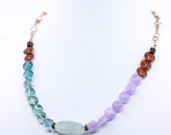 Green and purple short necklace , fluorite amethyst and carnelian necklace , handmade chain