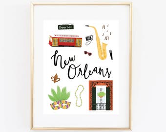 New Orleans Art Print, Illustrated New Orleans Decor, Cute New Orleans Gift, Modern New Orleans Wall Art, New Orleans Map, Travel Gift