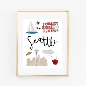 Illustrated Seattle Art Print, Cute Seattle WA Map Print, Modern Seattle Decor, Seattle Gift, Seattle Wall Art, Cityscape, Travel Poster