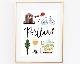 Illustrated Portland Oregon Art Print, Cute Portland Map, Modern Portland Decor, Portland Gift, Portland Wall Art, Cityscape, Travel Poster
