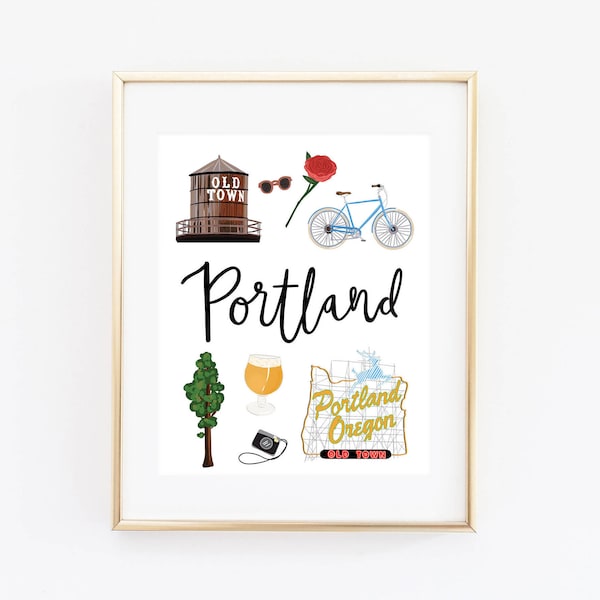 Illustrated Portland Oregon Art Print, Cute Portland Map, Modern Portland Decor, Portland Gift, Portland Wall Art, Cityscape, Travel Poster