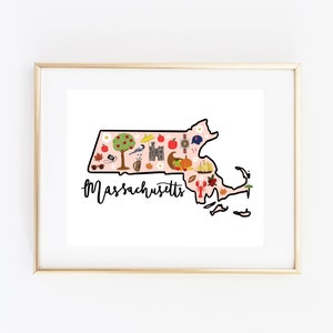 Illustrated Massachusetts Art Print, Cute Massachusetts Map, Modern Massachusetts Decor, Unique Massachusetts Gift, Massachusetts Wall Art