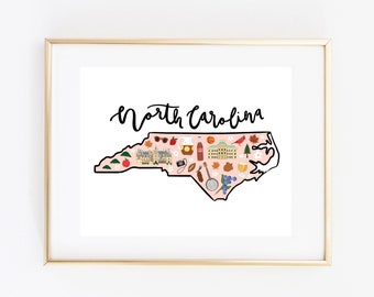 Illustrated North Carolina Art Print, Cute North Carolina Map Print, Modern North Carolina Decor, Unique North Carolina Gift, NC Wall Art