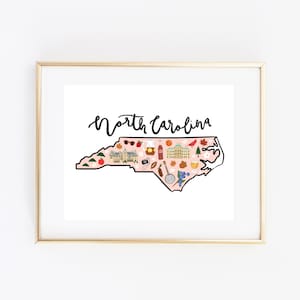 Illustrated North Carolina Art Print, Cute North Carolina Map Print, Modern North Carolina Decor, Unique North Carolina Gift, NC Wall Art