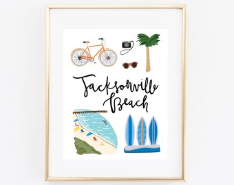 Illustrated Jacksonville Beach Art Print, Cute Jax Beach Map, Modern Jacksonville Beach Decor, Gift, Wall Art, Cityscape Travel Poster